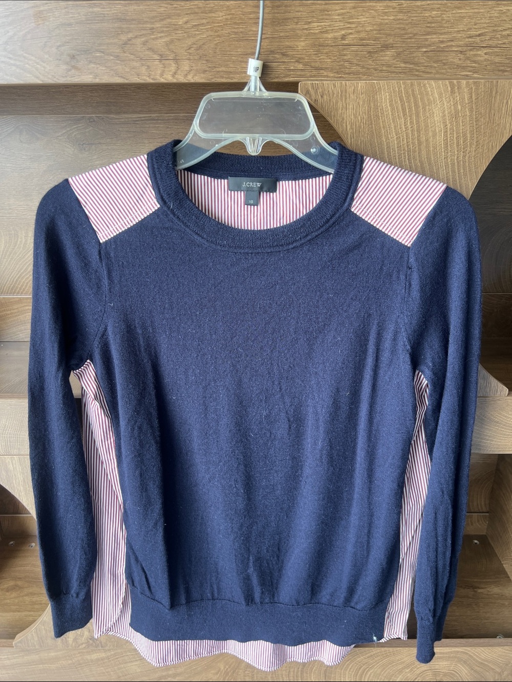 J. Crew Navy Sweater with Burgandy Stripe Shirt-Panel Accents